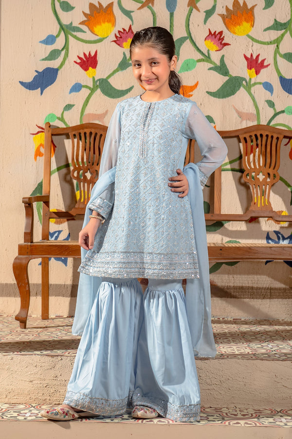 Ochre Clothing Girls Full Suits Chiffon Embroidered 3 Pc Suit