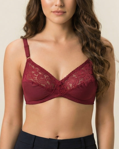 Intimage, Half Lace Cotton Unpadded Bra, MAROON