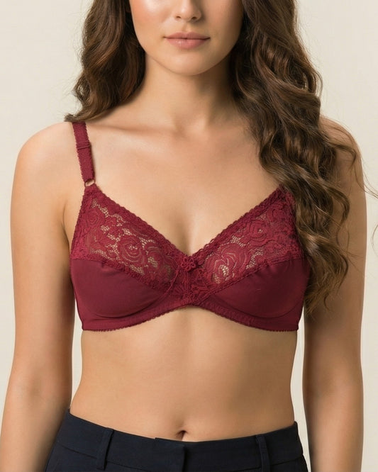Intimage, Half Lace Cotton Unpadded Bra, MAROON