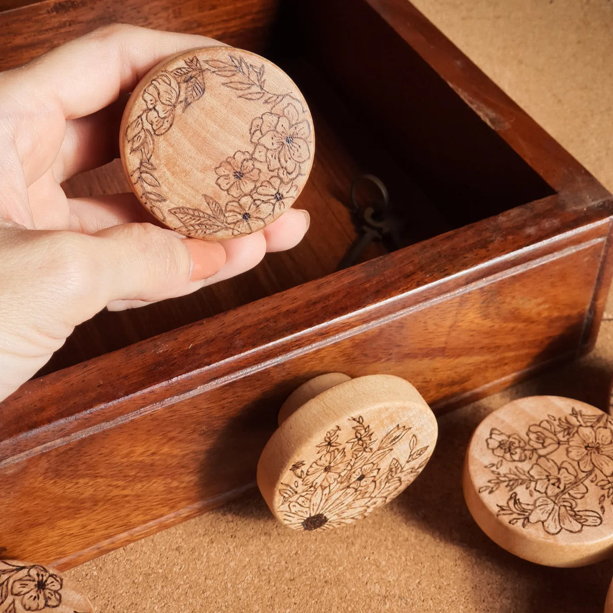 Wood Burned Door Knobs Set - Floral