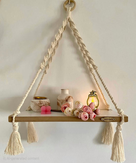 Handmade Macrame Wooden Shelf – Boho Wall Hanging Shelf