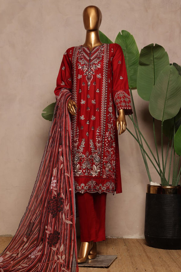 Bin Saeed Stitched 3 Piece Luxury Plain Cotton With Chiffon Dupatta Collection'2025-SMPC-1875-Red