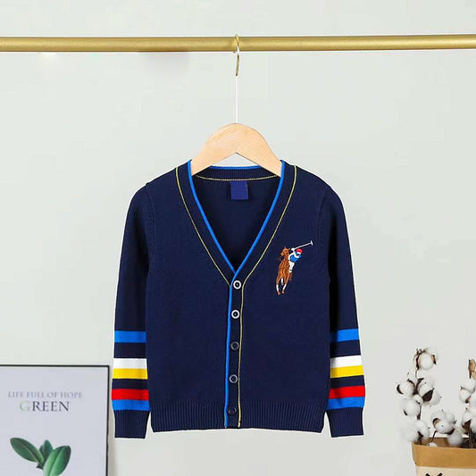Girl Navy Blue Front open Multi Stripes Full Sleeve Sweater