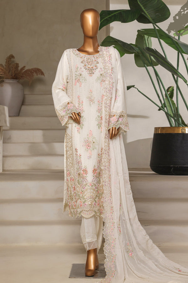 Bin Saeed Stitched 3 Piece Luxury Emb Chiffon & Organza Collection'2025-STSC-2193-Off White