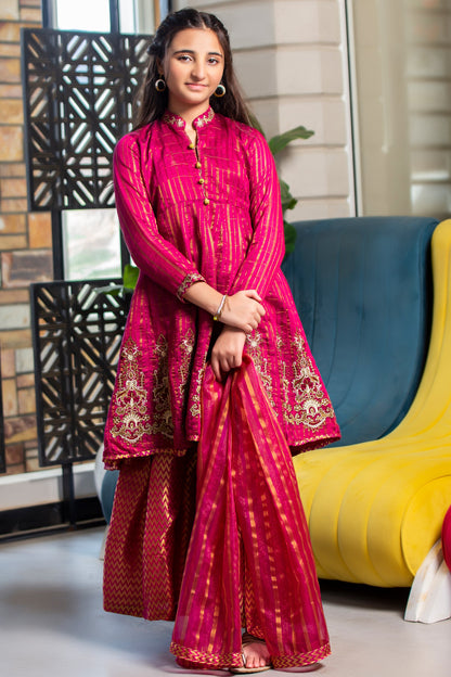 RTWFDS-001, Dark pink dress with the combination or golden brown embroidery on orgenza jaquard
