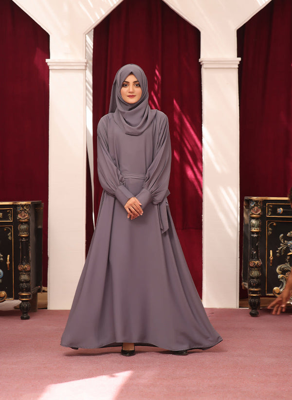 Hijab Ul Hareem Gray Double Georgette Abaya Front Closed Abaya 0120-P-259