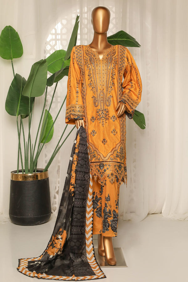 Bin Saeed Stitched 3 Piece Luxury Plain Cotton With Printed Back Collection'2025-NSM-2186-Mustard