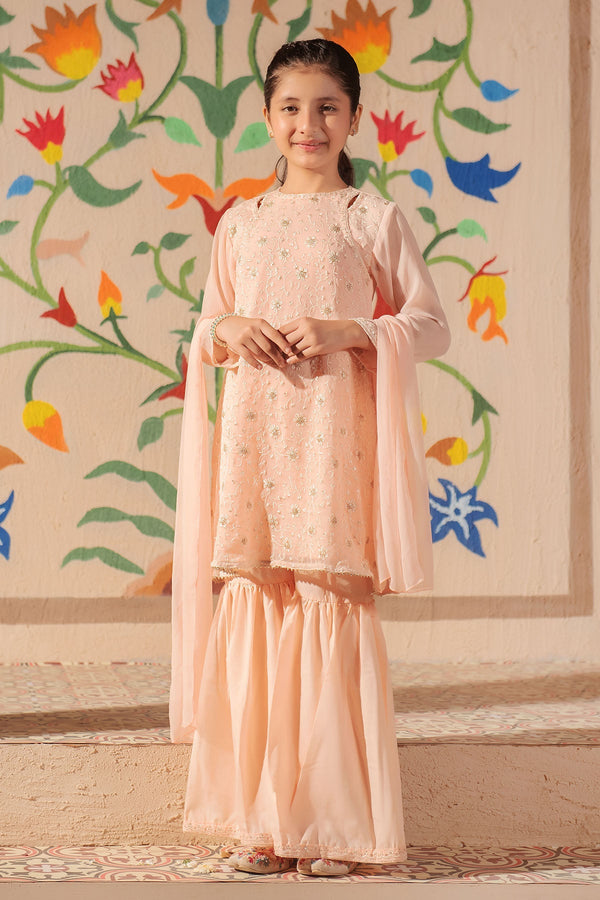 Ochre Clothing Girls Full Suits Chiffon Embroidered 3 Pc Suit