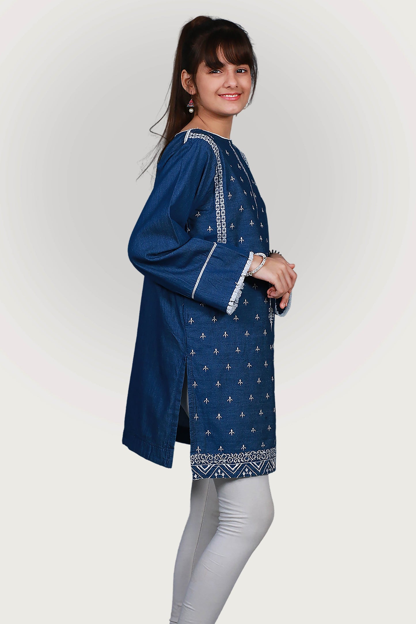 JEANS TENSILE EMBROIDRED FROCK SKU: KHW-0027
