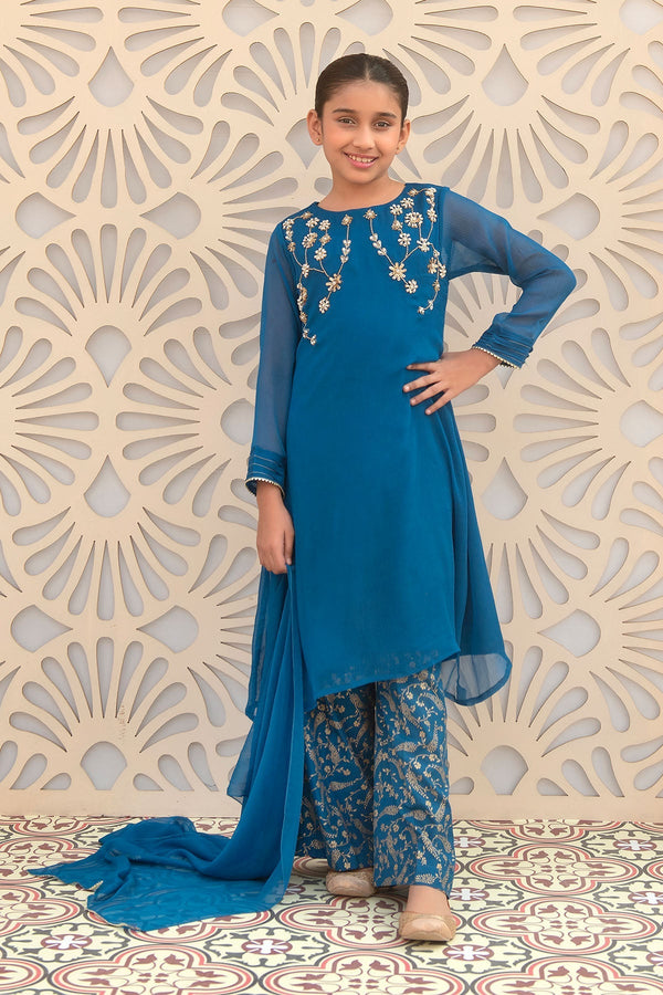 Ochre Clothing Girls Full Suits Chiffon Hand Adda Work 3 Pc Suit