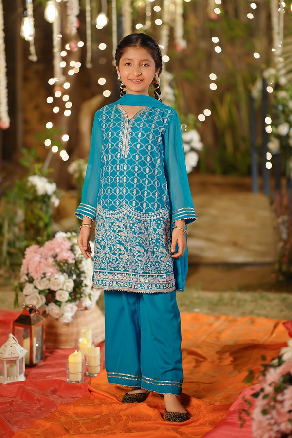 Ochre Clothing Girls Full Suits Chiffon Embroidered 3 Pc Suit