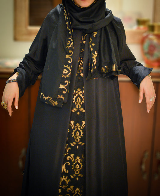 A007 BLACK CHIFFON KARANDI & SILK LAYERED CLOAK