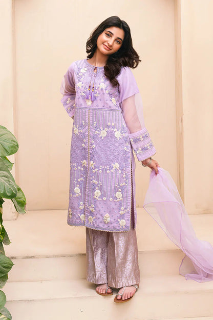 Lilac Embroidered 3 Piece Suit /Organza Fabric SKU: RTWFDS-013