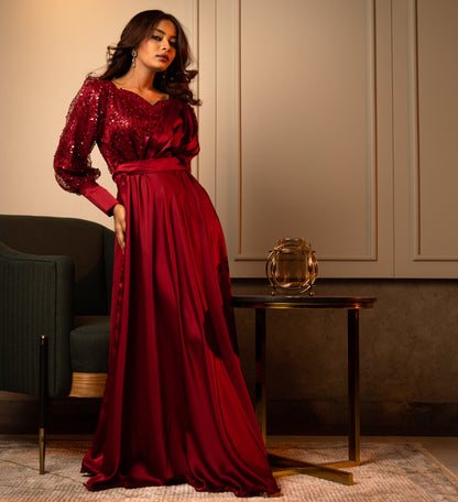 Regal Scarlet - A Royal Evening Gown With Sequin Brilliance - Made To Order