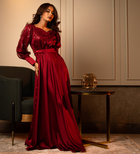 Regal Scarlet - A Royal Evening Gown With Sequin Brilliance - Made To Order