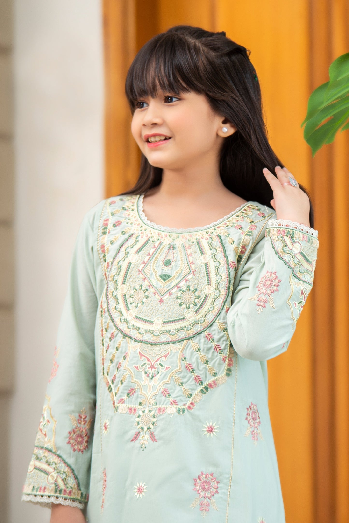 2PCS-055, Light green cotton lawn 2 pc dress with light multi color embroidery