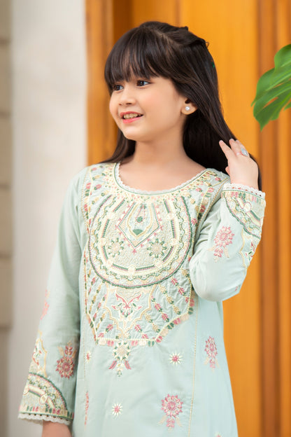 2PCS-055, Light green cotton lawn 2 pc dress with light multi color embroidery