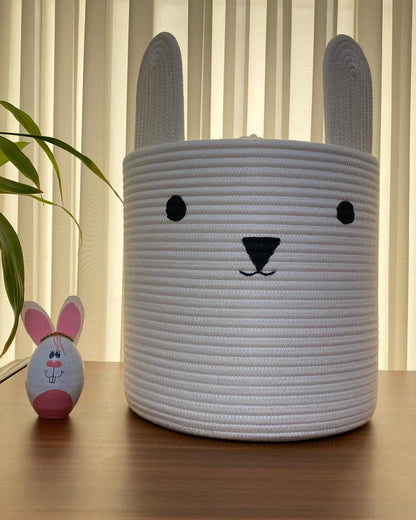 Bunny Toy Basket with Lid  Cotton Rope Storage for Kids Room (Large)