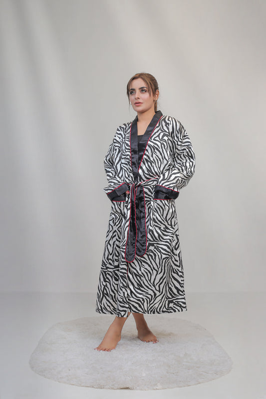 SILKY SATIN ZEBRA PRINT LONG GOWN NIGHTWEAR-SBA-GWN-ZB