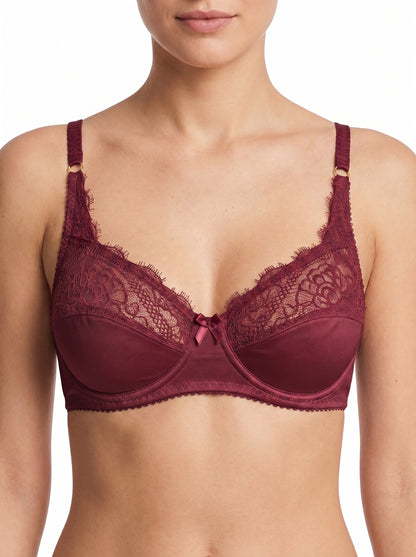 ROMANCE Forever, Half Lace Unpadded Polyester Jersey Bra, MAROON