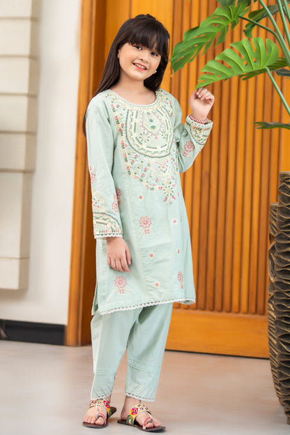 2PCS-055, Light green cotton lawn 2 pc dress with light multi color embroidery