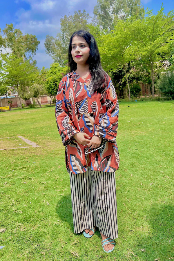 Urban Cut Rust Abstract Cotton 2-Piece Set – Shirt & Striped Trousers