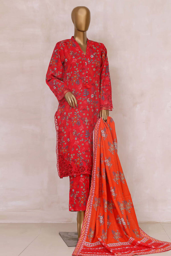 Sada Bahar Stitched 3 Piece Emb Cutwork Khaddar Collection'2023-CW-7872-Red