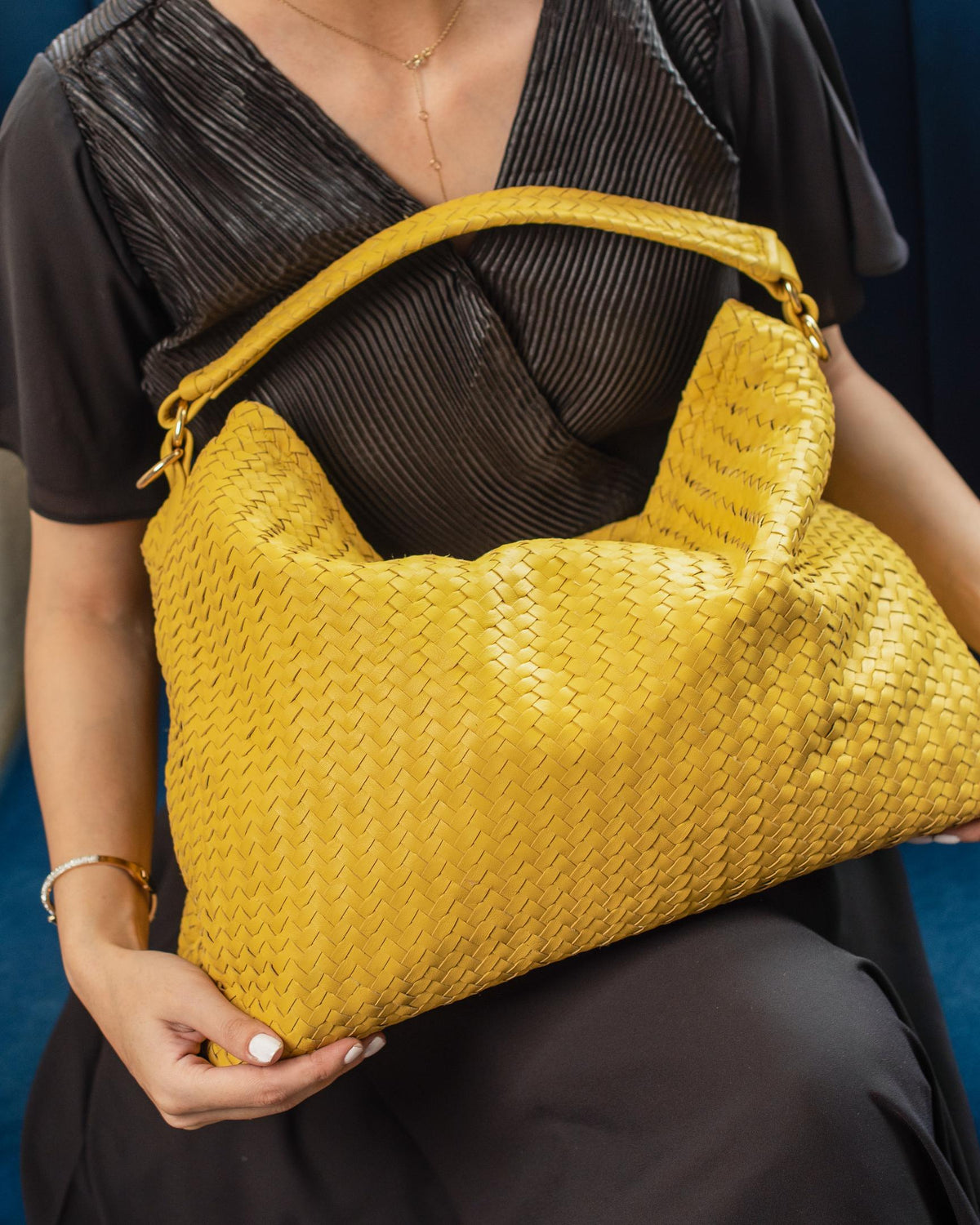 Handmade Woven Original Leather Bag With Zipper-Yellow