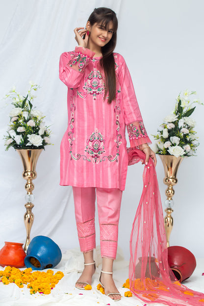 3PCS Jacquard Suit Shirt, Dupatta & Cotton Trouser SKU: EMB-031