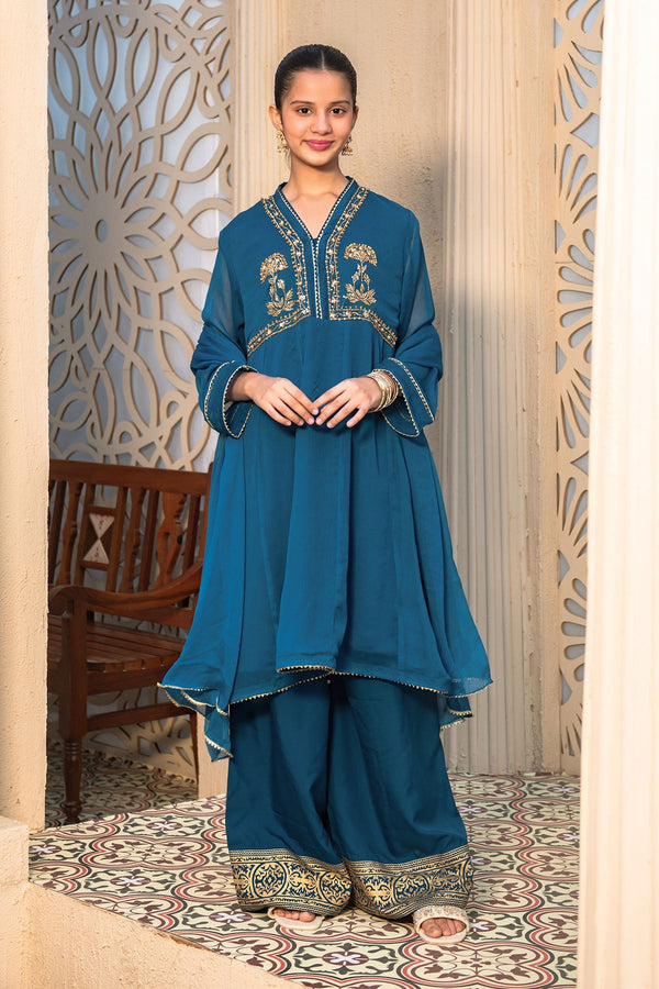 Ochre Clothing Girls Full Suits Chiffon Hand Adda Work 3 Pc Suit