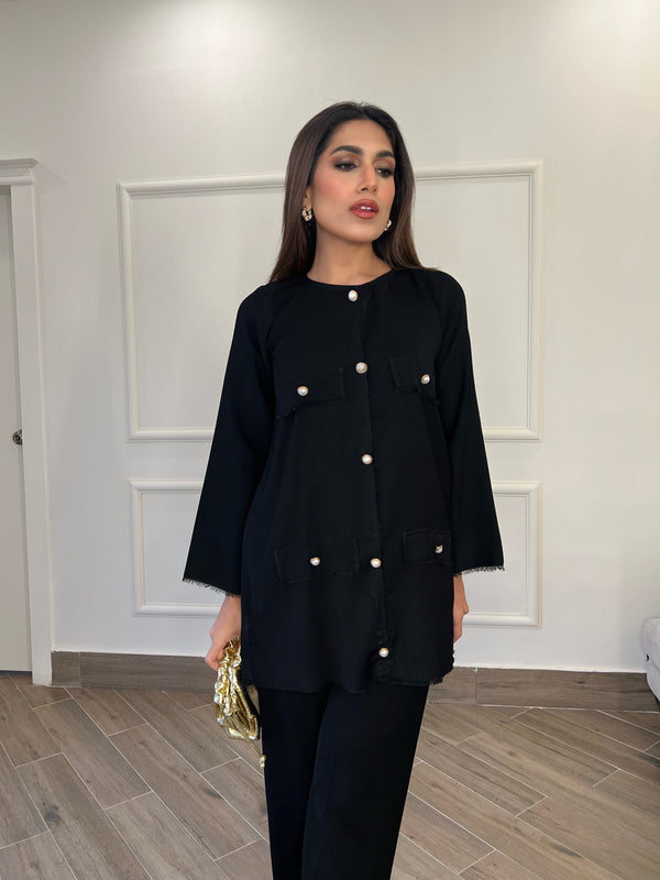 Manahils Stitched Co Ords Black Button Co-Ord Set