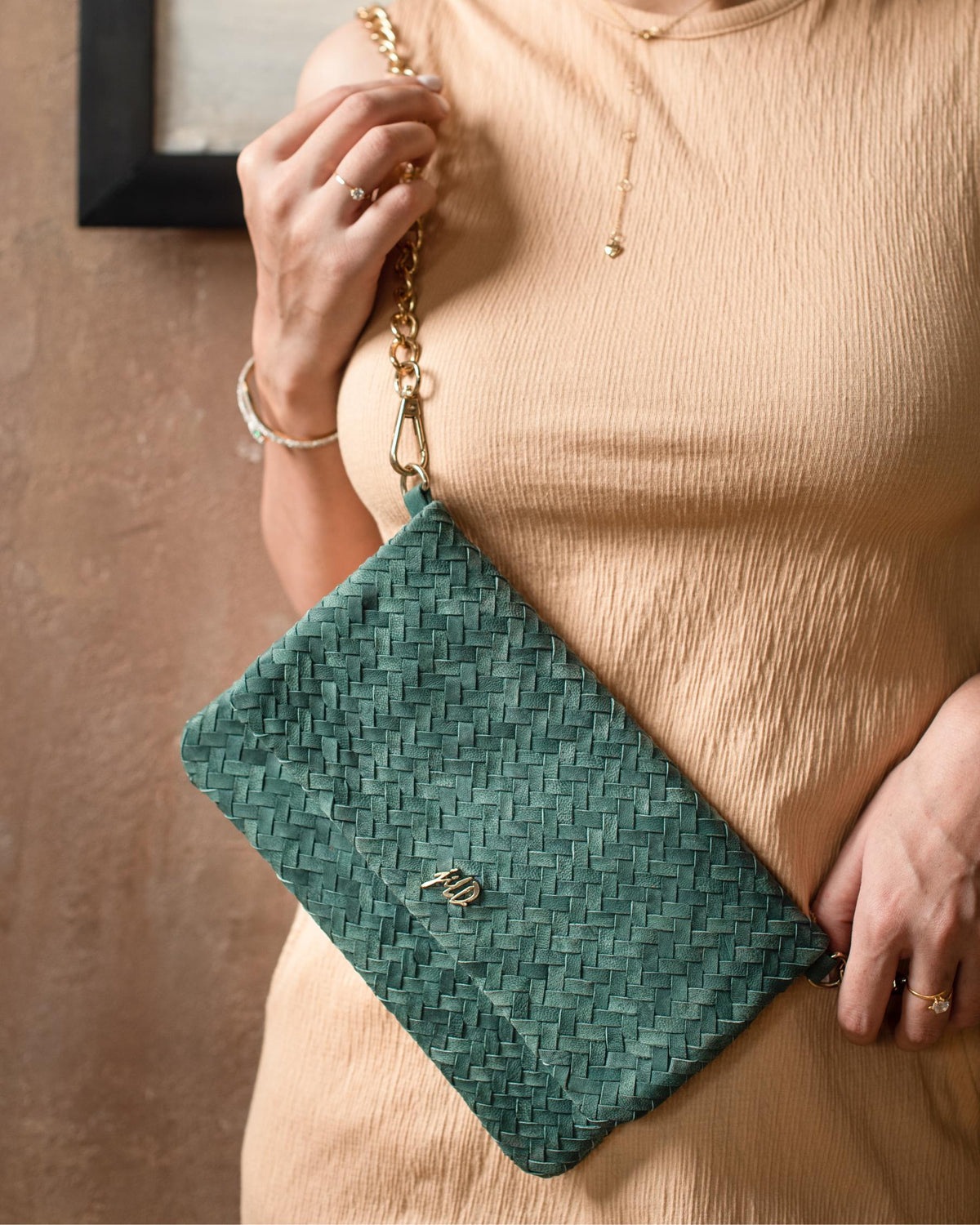 Woven Dreams Fold Over Cross Body Leather Clutch- Zipper