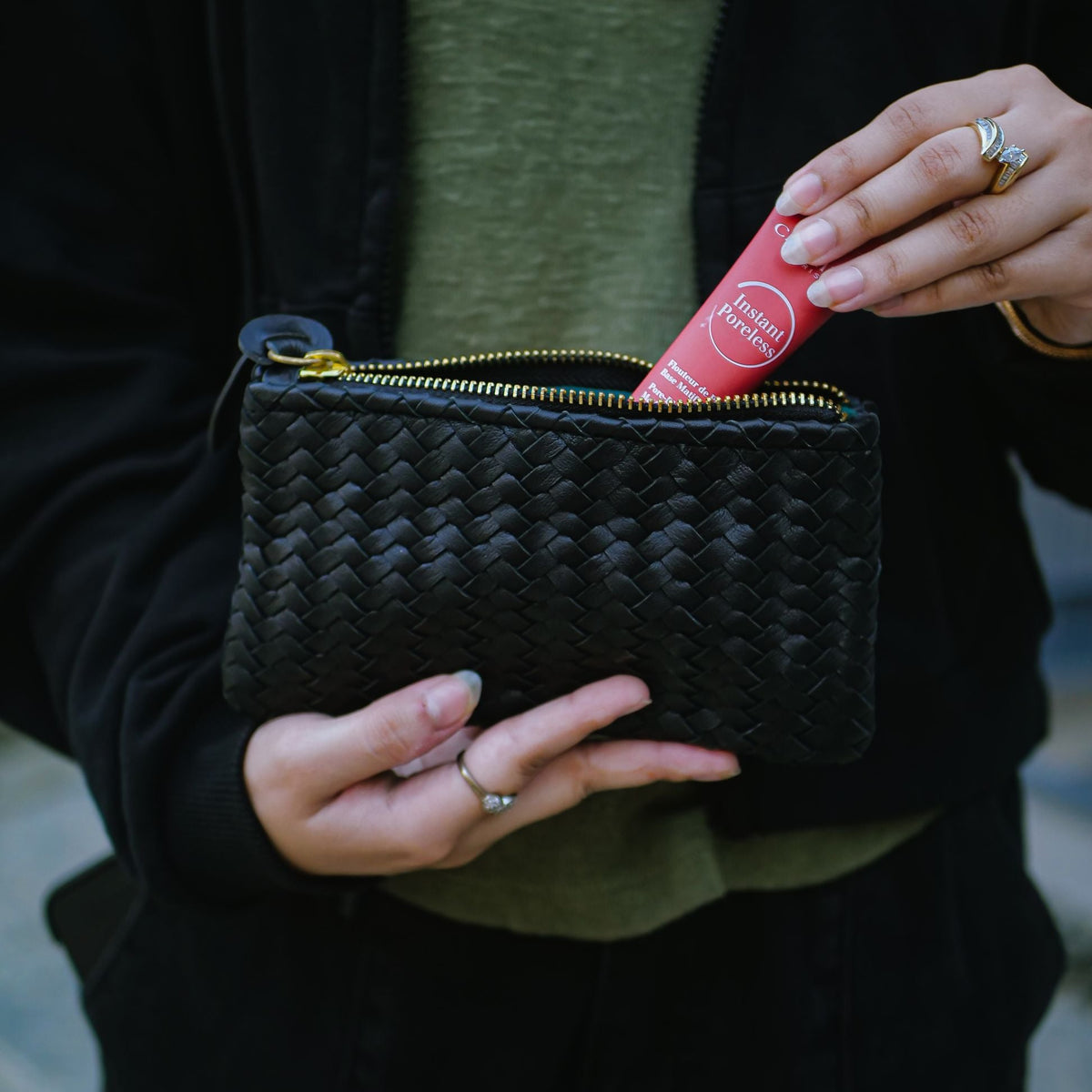 Coffer Mini Handwoven Leather Zipper Clutch-Black