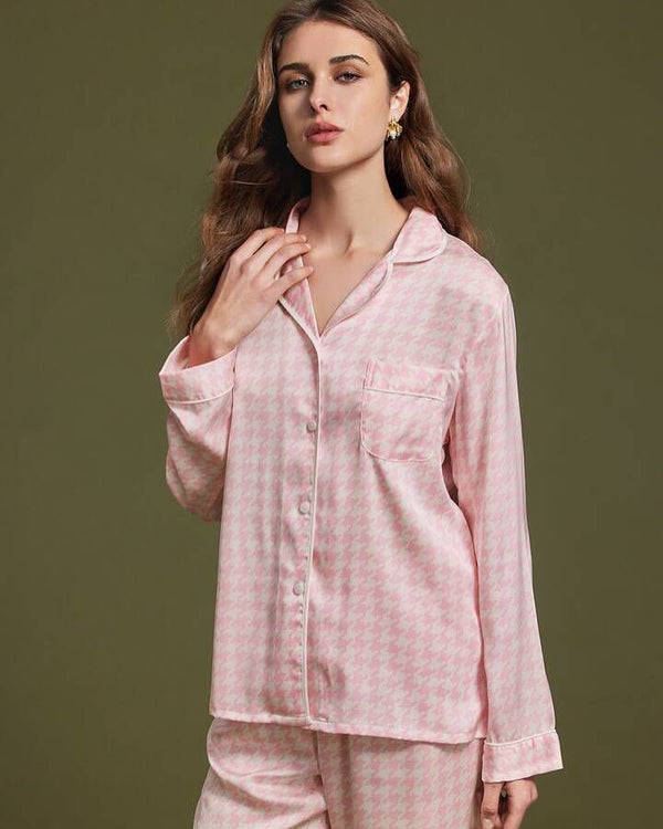 Studio By Arj She's Inn Trendy Picks Silky Satin Pink Checkered Contract Pippin Satin PJ Set