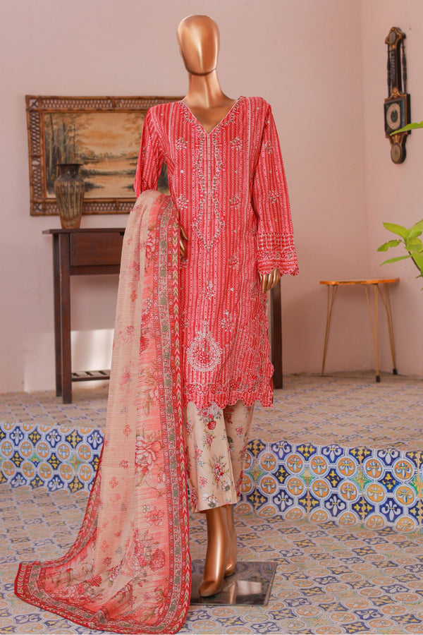 Bin Saeed Stitched 3 Piece Self Stripe Vol-02 Collection'2025-SM-2086-Red
