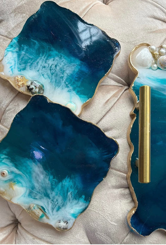 Resin Coasters with Real Pressed Ocean Effect/ Abstract - Square Shape 5" 1 Pcs
