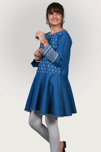 JEANS TENSILE EMBROIDRED FROCK SKU: KHW-0025