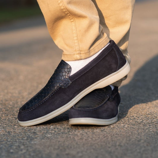 Menaes Turkish-Made Crocodile Style Suede Leather Shoes in Blue