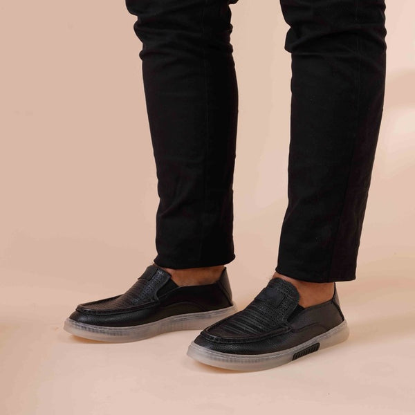 Turkish-Designer Dotted Leather Shoes with Transparent Sole in Black Color