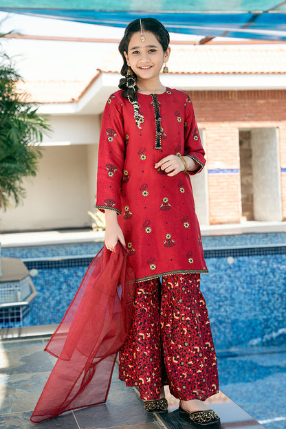 K-SFC-014, RAW SILK SHIRT AND GARRARA WITH TABEL PRINT 3PCS