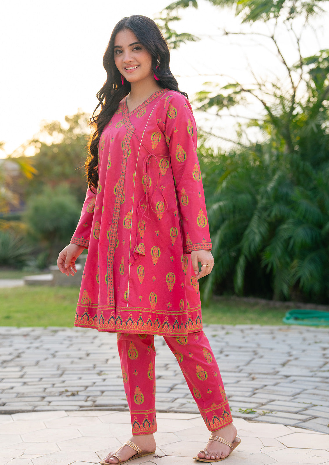 T-ALPRTW-060, 2 Pcs Suit, dyeover gold Print Angrakha And Trouser