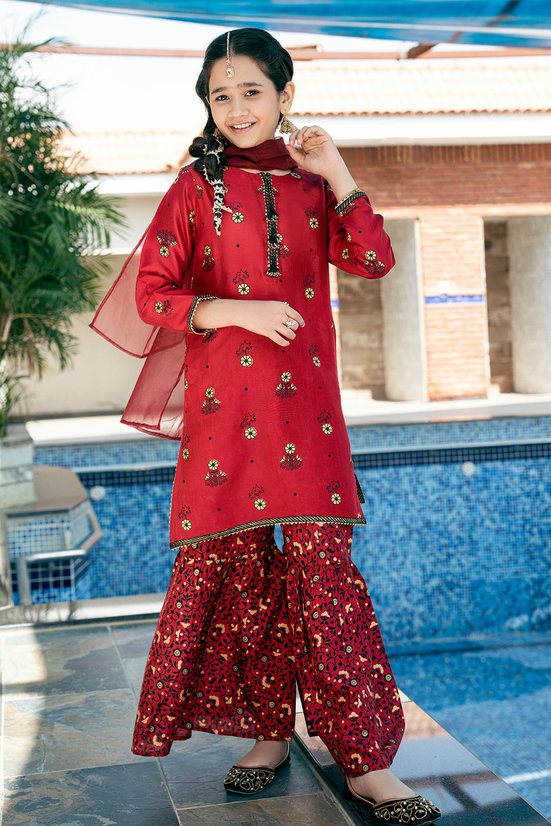 K-SFC-014, RAW SILK SHIRT AND GARRARA WITH TABEL PRINT 3PCS
