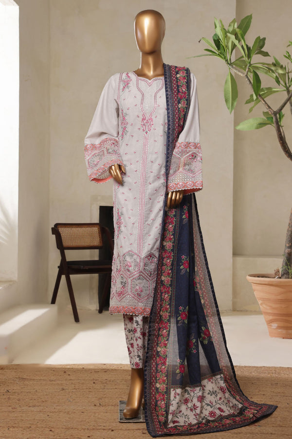 Bin Saeed Stitched 3 Piece Luxury Plain Cotton With Printed Back Vol-02 Collection'2025-NSM-2226-White