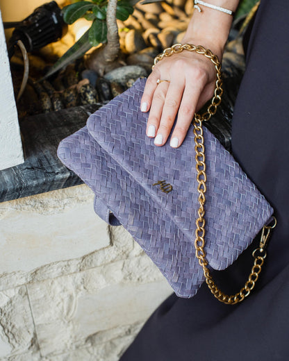 Woven Dreams Fold Over Cross Body Leather Clutch- Zipper