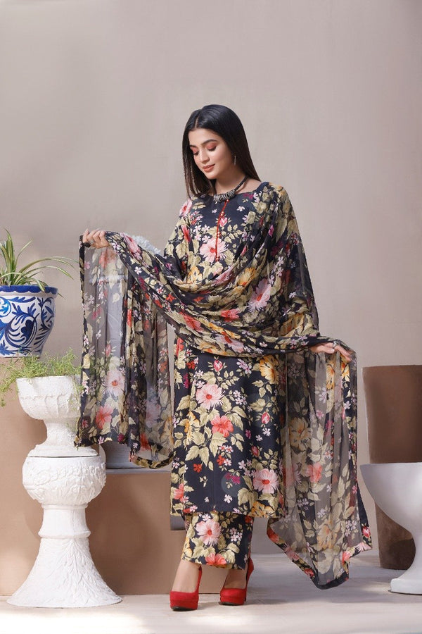 Feathers Unstitched 3 Piece Summer Collection-SIYAAH MIST-NJL017
