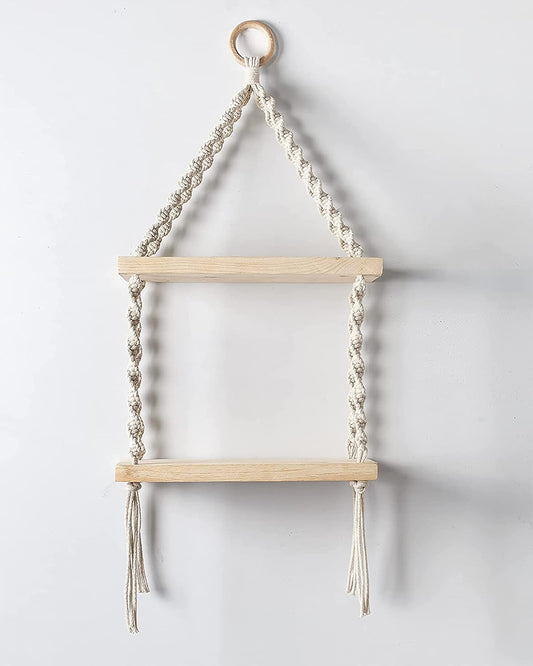 2-Tier Macrame Floating Wall Shelf Hanging Wooden Shelves