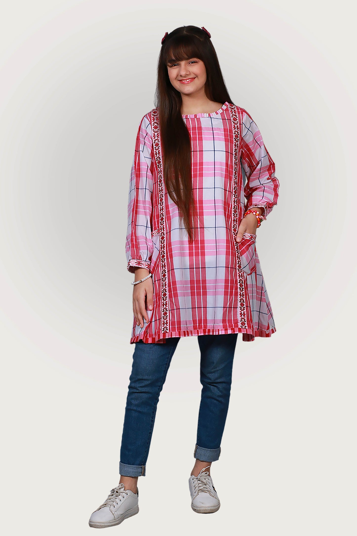 FRK-037 CHECK EMBROIDRED FROCK