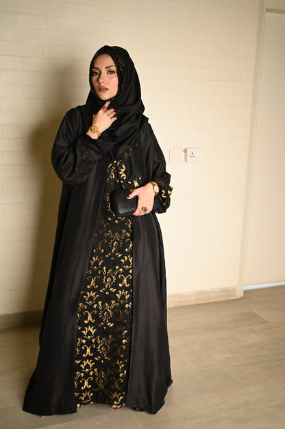 A007 BLACK CHIFFON KARANDI & SILK LAYERED CLOAK