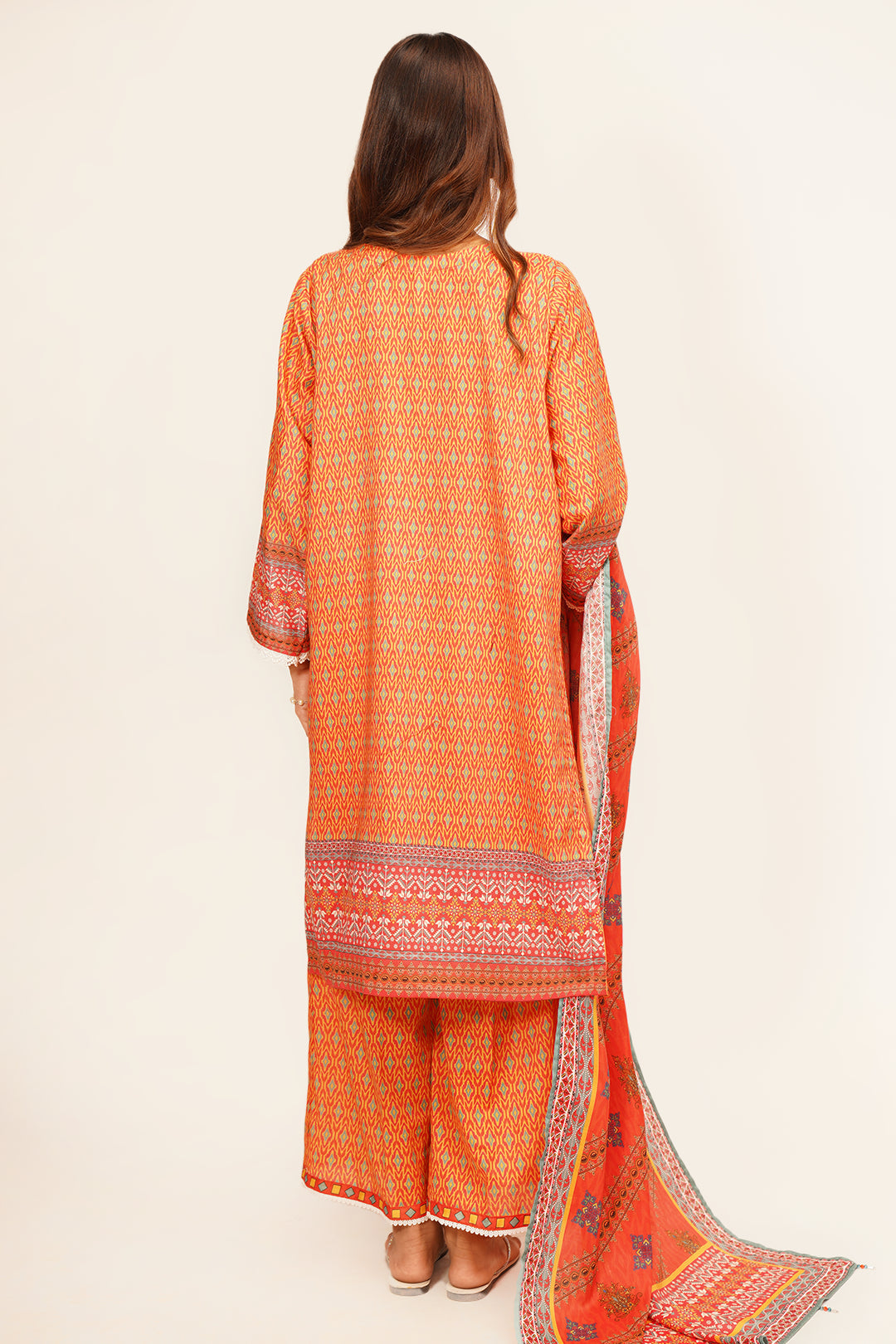 3Pcs Digital Printed Suit in Pinkish Orange SKU: UN-008
