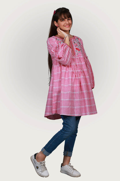 CHECK EMBROIDRED FROCK SKU: FRK-035